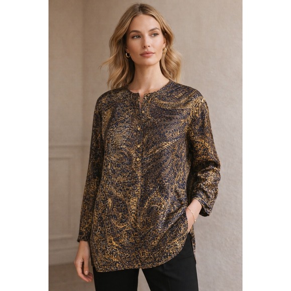 Lafayette 148 Silk Blouse L Navy Gold Abstract Paisley Tunic Quiet Luxury - Picture 5 of 9
